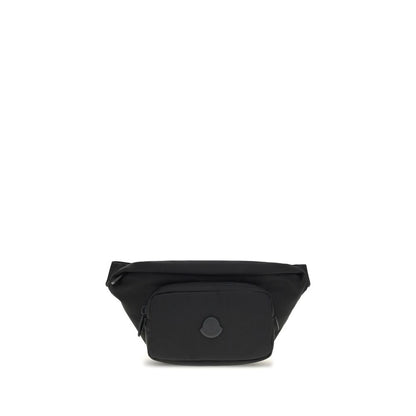 Moncler Black Nylon Clutch Bag with leather trim and adjustable belt for customizable fit; features zippered closure and pockets for security.