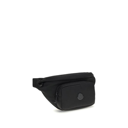 Moncler Black Nylon Clutch Bag with leather trim and adjustable belt.