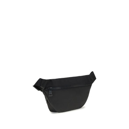 Moncler Black Nylon Clutch Bag with water-repellent nylon, leather trim, adjustable belt, zippered pockets, and metal logo.