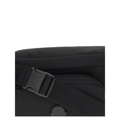 Close-up of Moncler Black Nylon Clutch Bag with adjustable strap and zippered pocket.