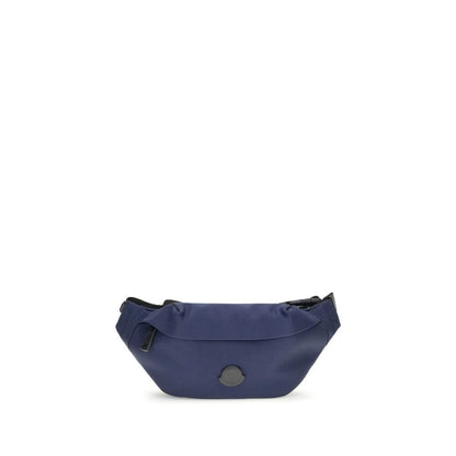 Moncler Blue Nylon Clutch Bag, water-repellent with adjustable belt, leather trim, zippered pockets, and metal logo for style and security.