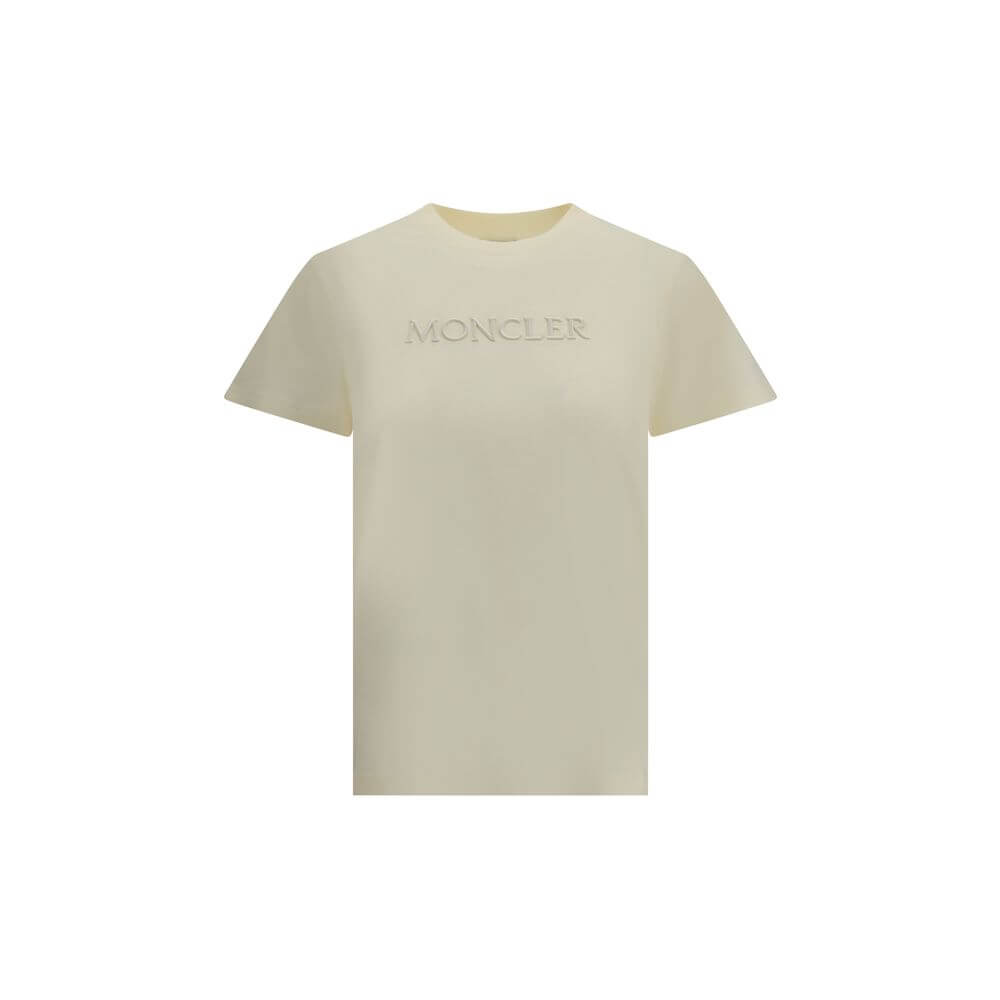 Moncler Cream Cotton T-Shirt with ribbed crew neck and tone-on-tone embroidered monogram, offering a refined look for AW25.