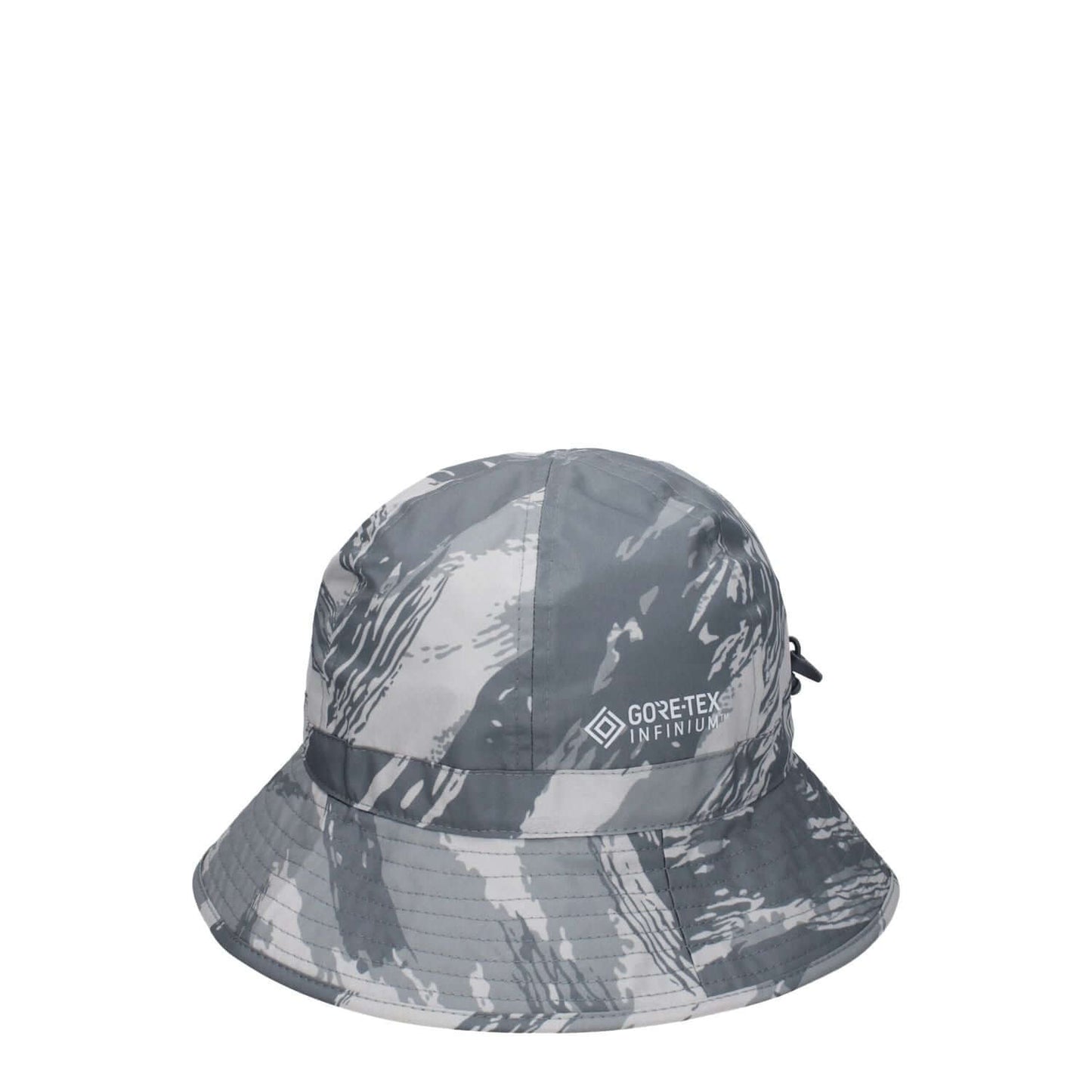 Moncler Gray Polyester Bucket Hat with front logo and drawstring closure, sporty glam style, 100% polyester material.