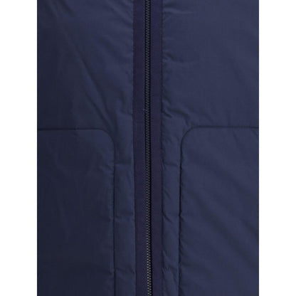 Close-up of Moncler x Donald Glover Blue Goose Down Full-Length Jacket showing zip and quilting details.