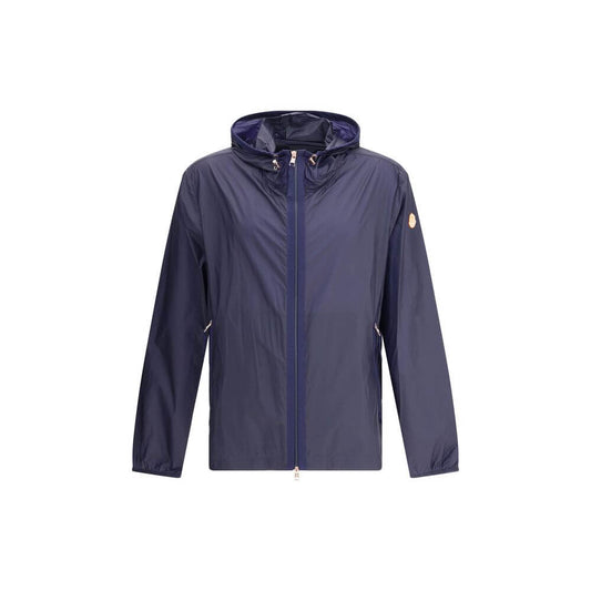 Moncler x Donald Glover Blue Nylon Shell Jacket, waterproof and wind-resistant with high collar, zip pockets, adjustable hood, and logo