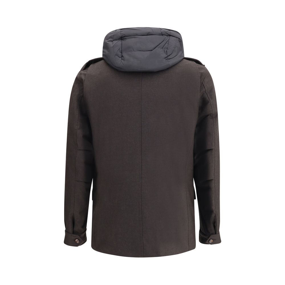 Back view of MooRER Brown Fleece Wool Coat with hood, showcasing technical design and warmth.