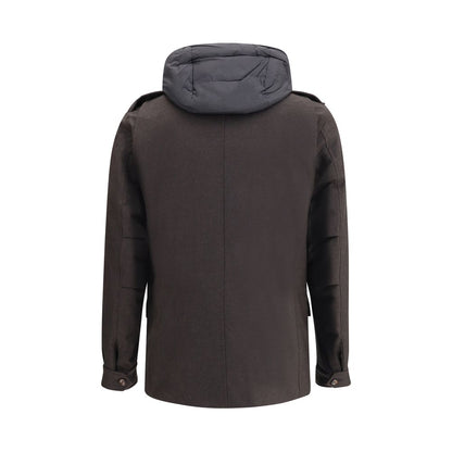 Back view of MooRER Brown Fleece Wool Coat with hood, showcasing technical design and warmth.