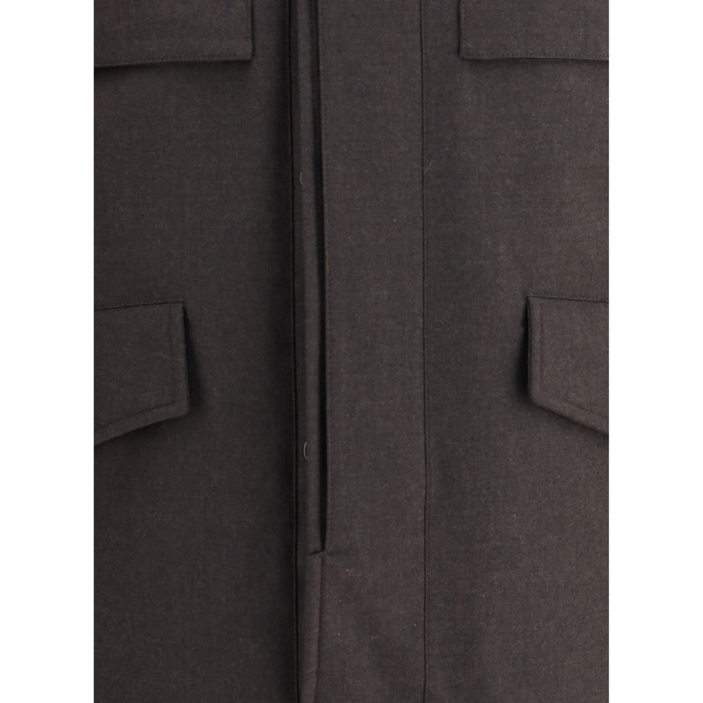 Close-up of MooRER Brown Fleece Wool Coat showcasing front pockets and zipper detail.