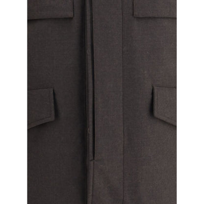 Close-up of MooRER Brown Fleece Wool Coat showcasing front pockets and zipper detail.