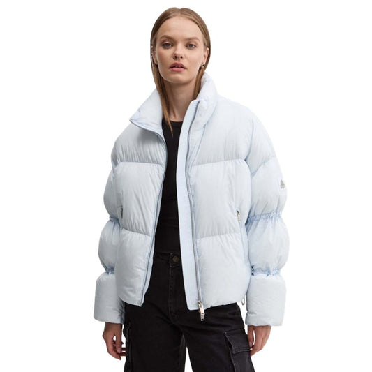 Moose Knuckles Light Blue Nylon Women Jacket shown with zip closure and drawstring sleeves for stylish warmth.