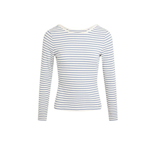 Morgan De Toi White Viscose Long Sleeve T-Shirt with horizontal stripes, showcasing modern design with deep back neckline.