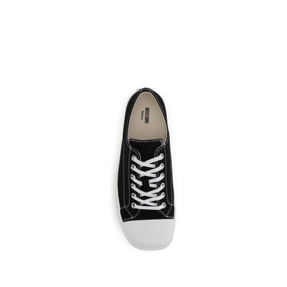 Moschino Black Cotton Low Top Sneakers with lace-up closure and reinforced round toe, featuring logo on heel for casual style.