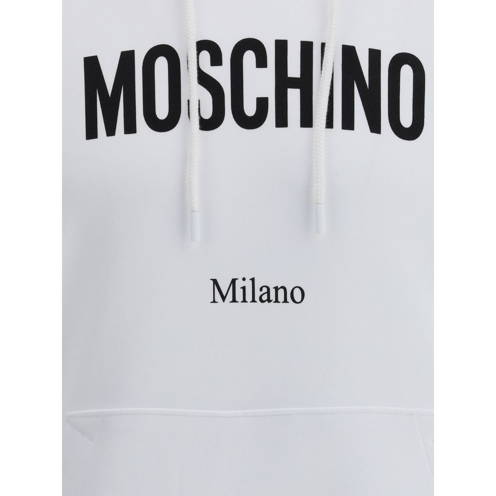 Moschino White Cotton Sweatshirt with monogram print, drawstring hood, and pouch pocket, featuring ribbed cuffs and hem for comfort.