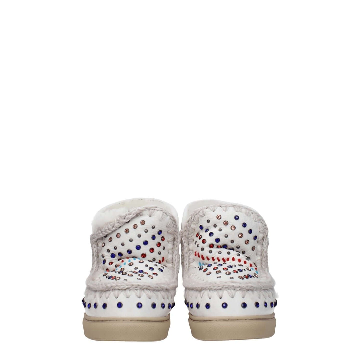 Back view of Mou White Leather Ankle Boots with studs and stones, featuring rubber sole and back logo.