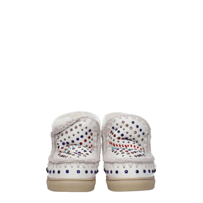 Back view of Mou White Leather Ankle Boots with studs and stones, featuring rubber sole and back logo.