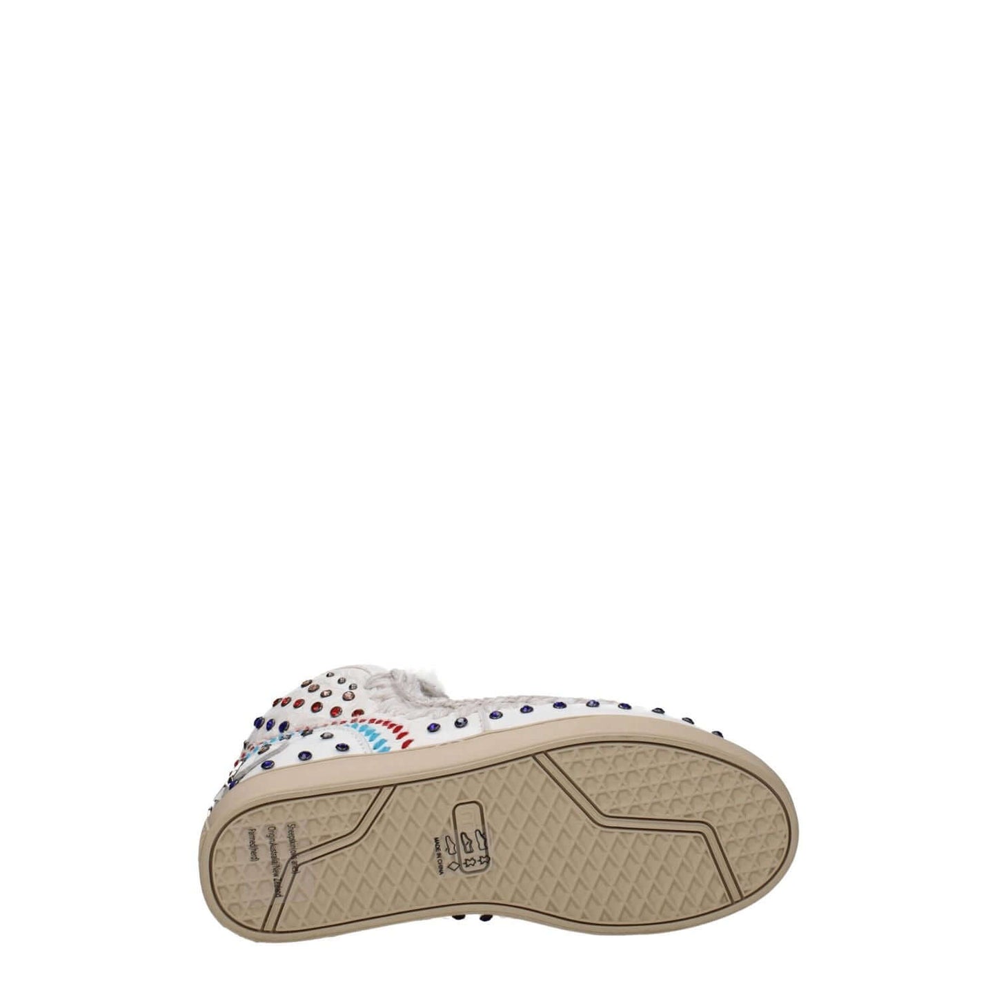 Bottom view of Mou White Leather Ankle Boots with rubber sole, studded design, and round toe, highlighting casual style footwear.