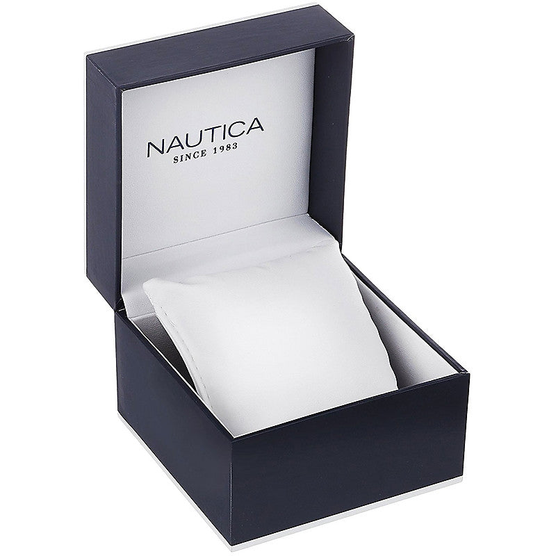 NAUTICA Mod. NAPCFS915 wristwatch box packaging for gents, quartz analog, 5 ATM water resistance, mineral dial, 43 mm case.