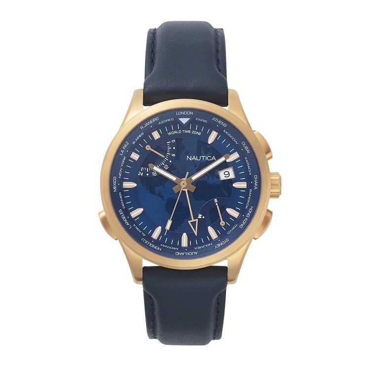 NAUTICA Mod. NAPSHG002 men's quartz analog wristwatch with mineral dial, 44 mm gold case, blue strap, water resistant 10 ATM.