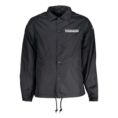 Napapijri Black Polyester Men Jacket with logo, waterproof, long sleeves, contrast details.