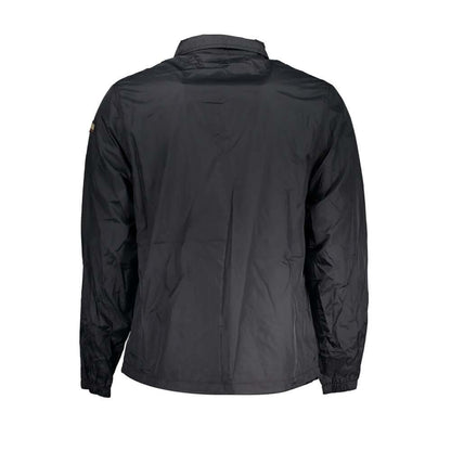 Rear view of Napapijri Black Polyester Men Jacket with long sleeves and waterproof finish, perfect for outdoor adventures.