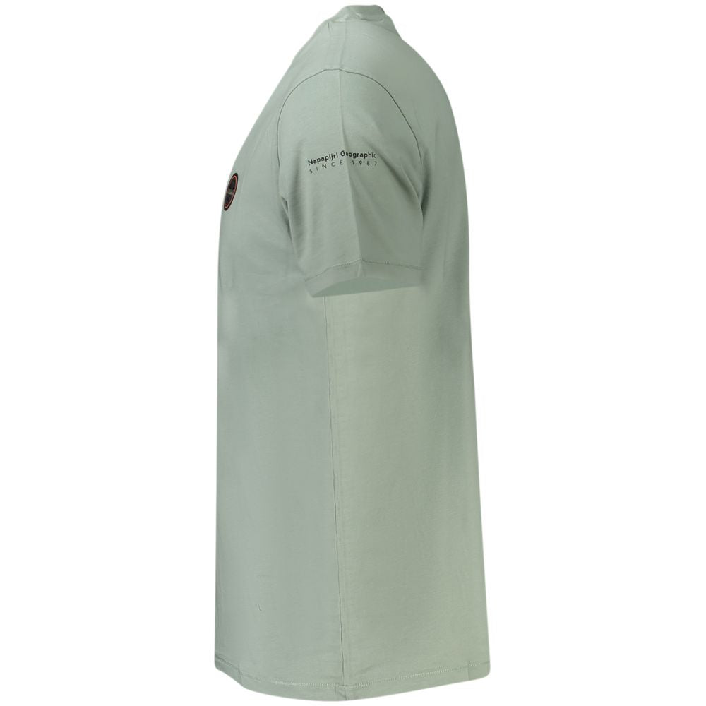 Side view of Napapijri Green Cotton Men T-Shirt showcasing logo and short sleeves for a stylish, sustainable choice.