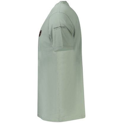 Side view of Napapijri Green Cotton Men T-Shirt showcasing logo and short sleeves for a stylish, sustainable choice.