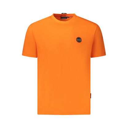 Napapijri Orange Cotton Men T-Shirt with short sleeves and brand logo, made from 100% organic cotton, offering casual luxury and sustainability.