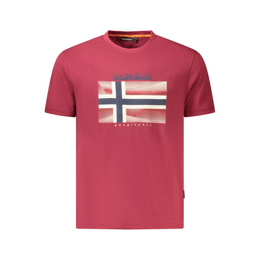 Napapijri Red Cotton Men T-Shirt with bold print and logo, short sleeve, crew neck, 100% organic cotton, stylish and eco-friendly design.