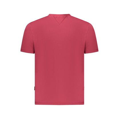 Back view of Napapijri Red Cotton Men T-Shirt featuring a relaxed fit and sustainable organic cotton material.