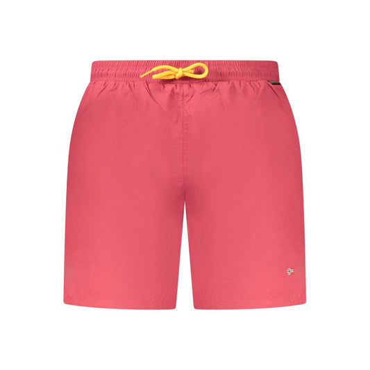 Napapijri Red Polyamide Swimwear with elastic waist, laces, and logo embroidery. Features two front pockets and one back pocket.