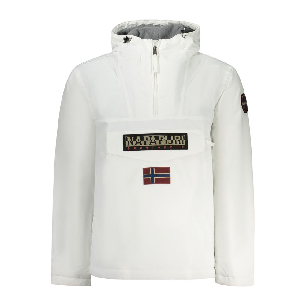 Napapijri White Polyamide Men Jacket with hood, central and side zips, featuring eco-friendly design and Norwegian flag detail.