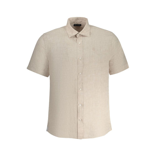 North Sails Beige Linen Shirt with Italian collar, short sleeves, buttons, and embroidered logo, ocean positive design.
