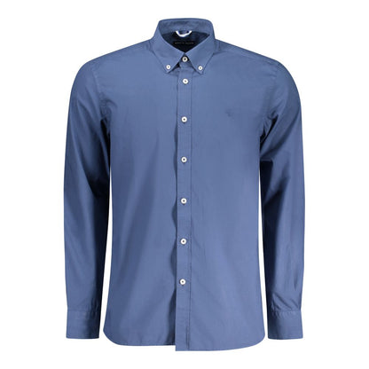 North Sails Blue Cotton Men Shirt with button-down collar and logo embroidery, perfect for casual sophistication and nautical charm.