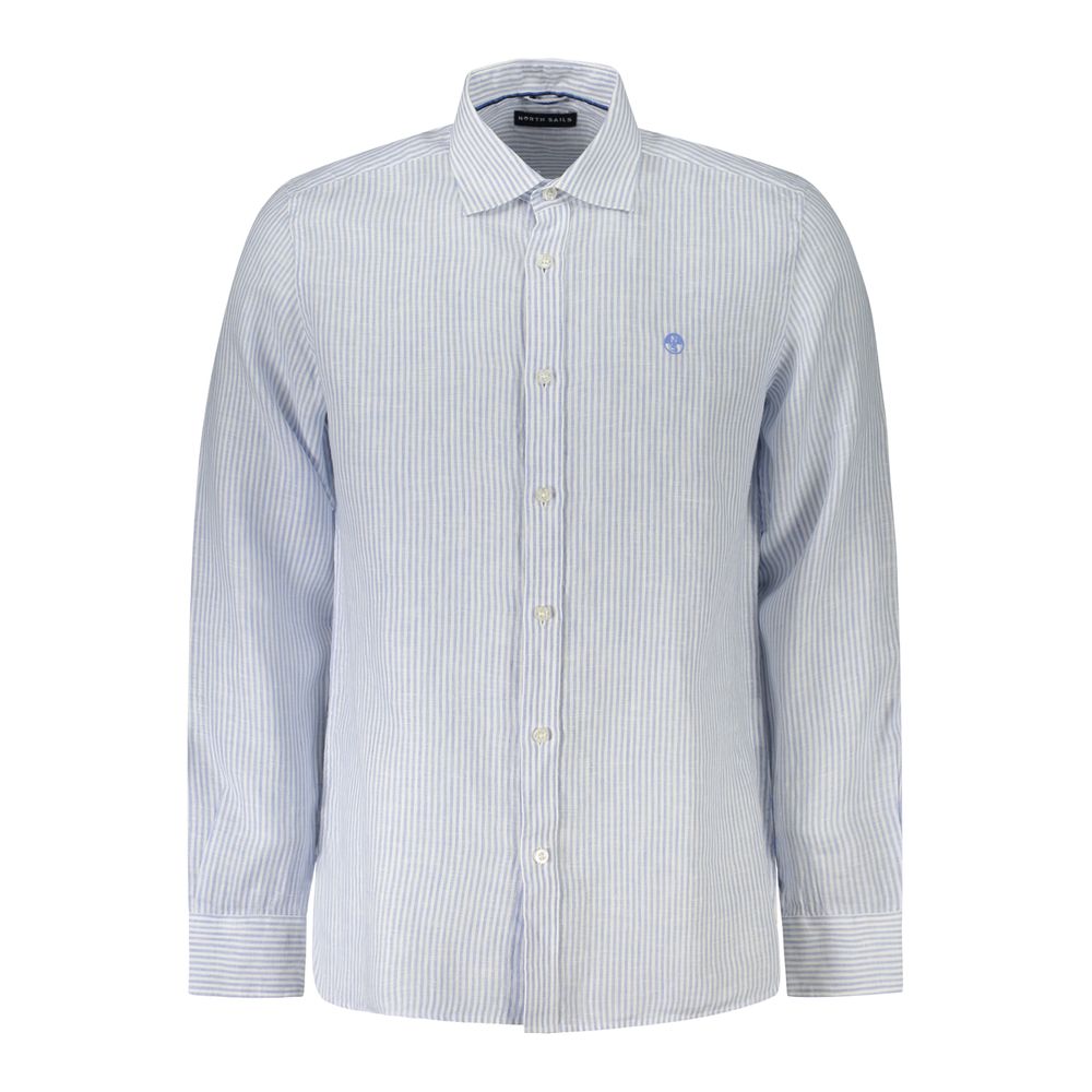 North Sails Blue Linen Shirt with long sleeves, striped design, French collar, button cuffs, embroidery, and logo, Ocean Positive.