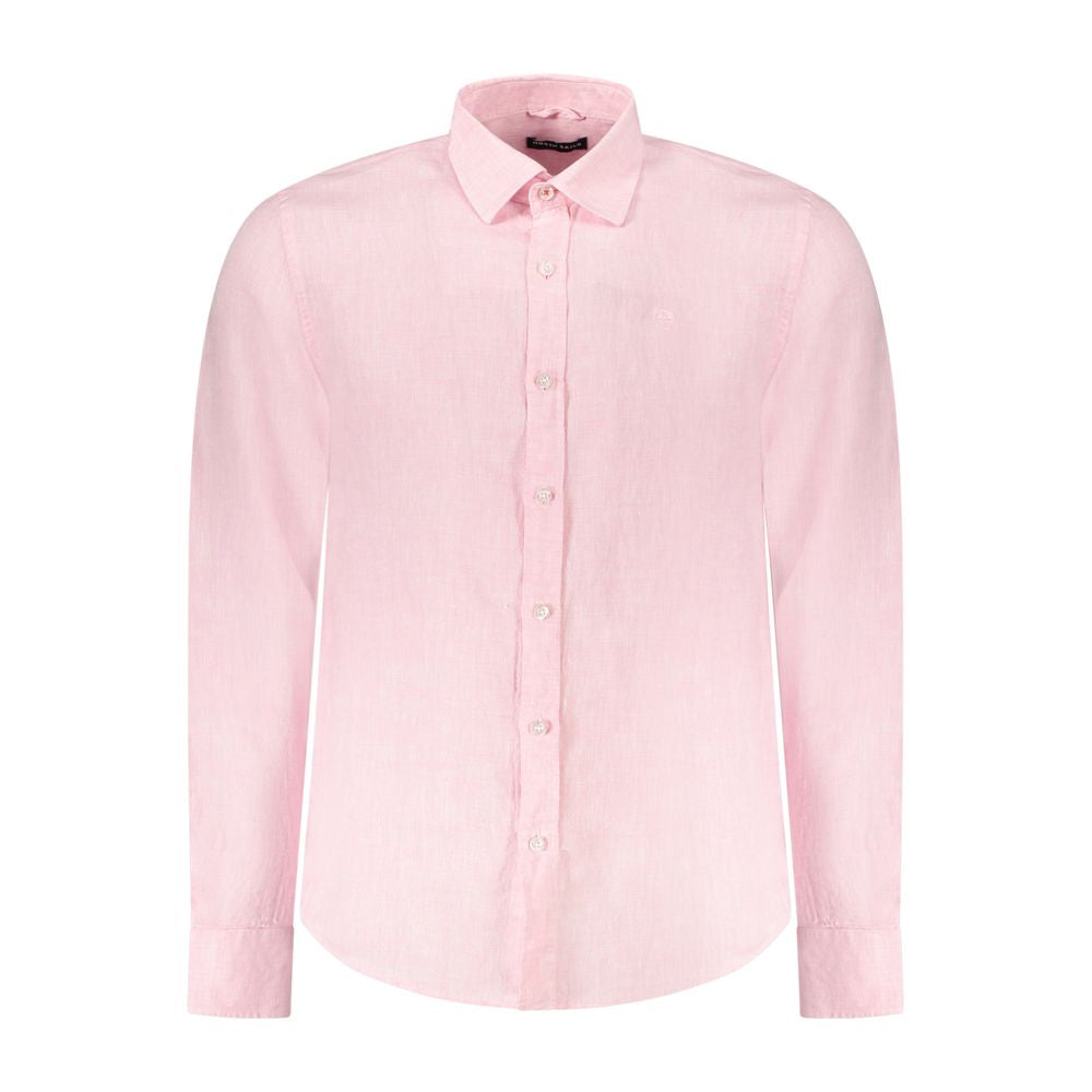 North Sails Pink Linen Shirt with long sleeves, Italian collar, 1-button cuffs, and ocean positive features, showcasing logo embroidery.