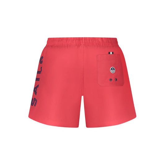 North Sails Red Cotton Swimwear, 36cm swim boxer with elastic waist, 2 pockets, back pocket, contrasting details, and logo print.