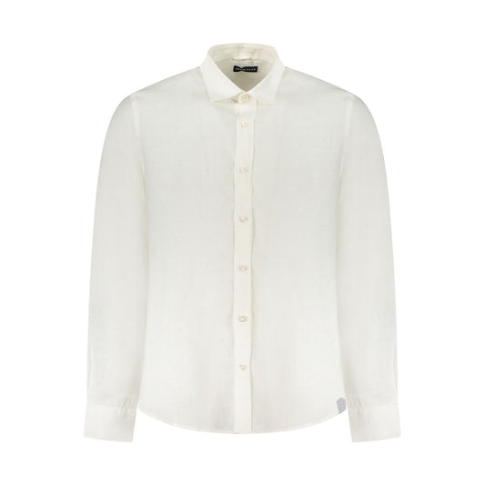 North Sails White Linen Shirt with Italian collar and long sleeves, featuring 1 button cuffs and embroidery logo.