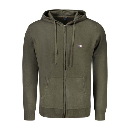 Norway 1963 Green Polyamide Men Cardigan with hood and pockets, featuring embroidered logo, stylish and cozy fashion piece.