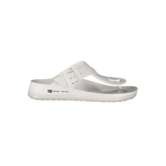 Norway 1963 White Plastic Women Sandal with adjustable buckle and bold print, embodying modern design and timeless elegance.
