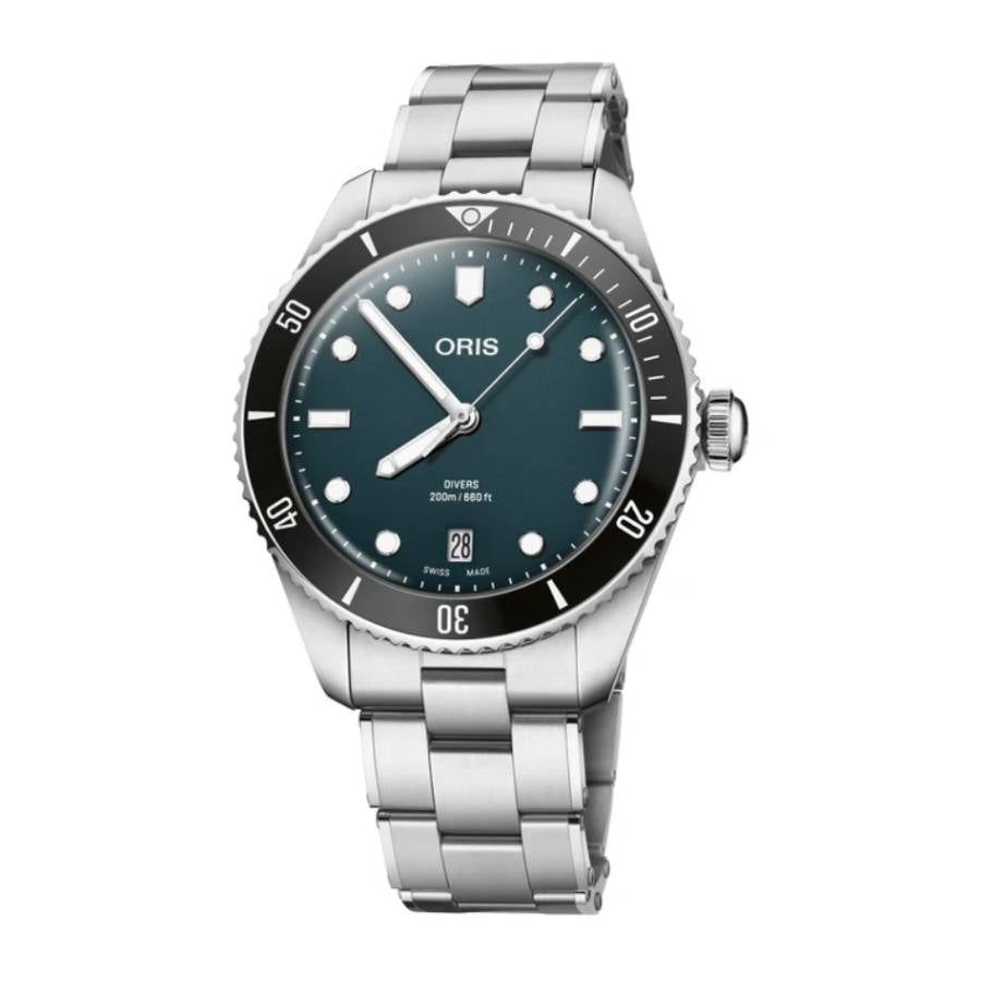 Alt Tag: Stainless steel ORIS MOD. 73377954055SET watch with black dial and silver bracelet.