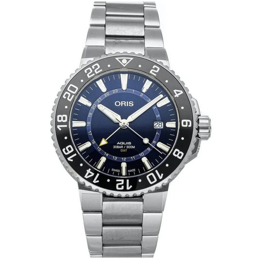 ORIS MOD. AQUIS GMT DATE wristwatch, stainless steel case and bracelet, water-resistant 30 ATM, GMT and date function, Swiss made.