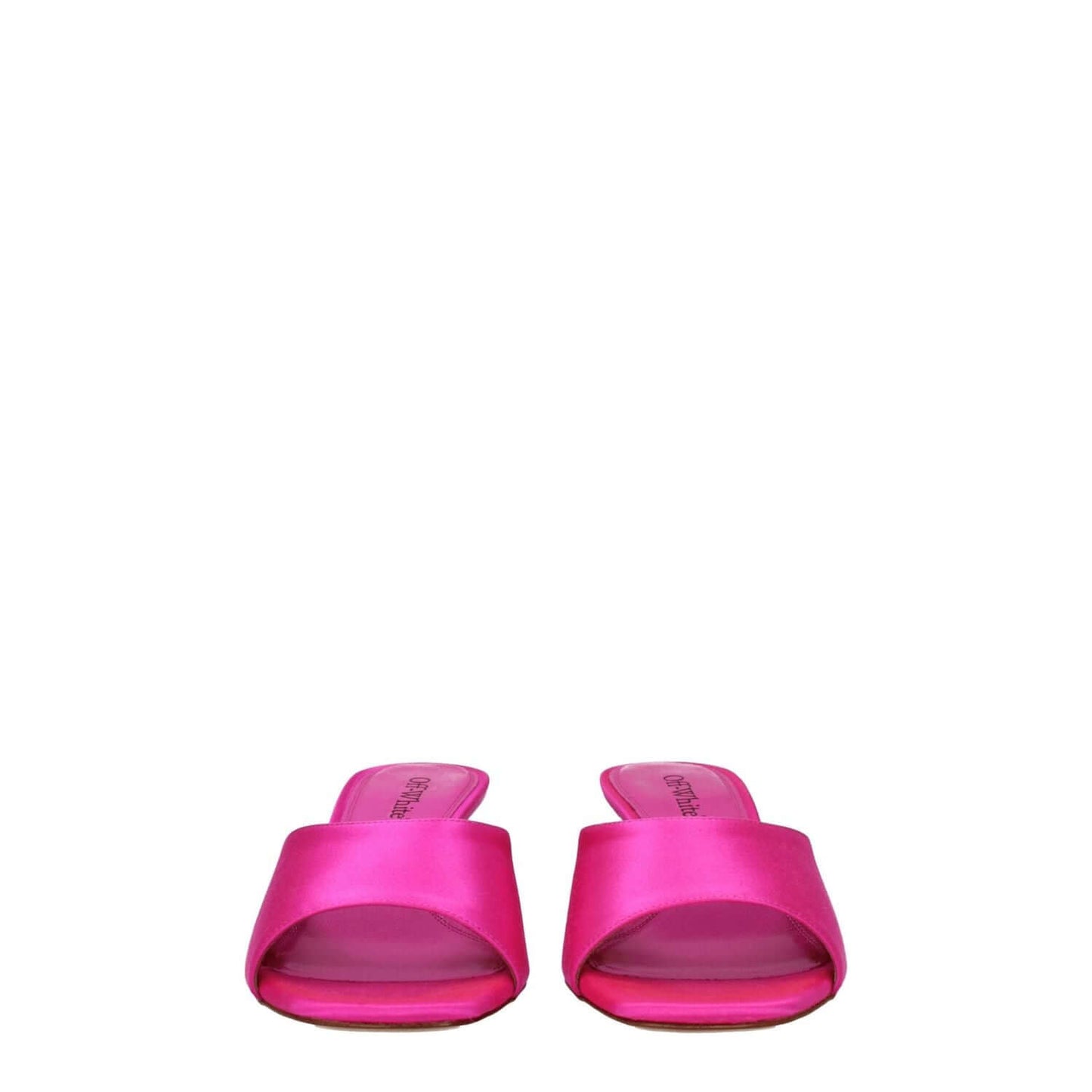 Front view of Off-White Pink Satin Stiletto Heel Sandals with open toe design and mid heels in fuchsia satin.