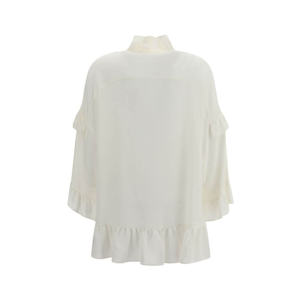 P.A.R.O.S.H. Cream Silk Blouse with back view showing elegant ruffle design and feminine silhouette.