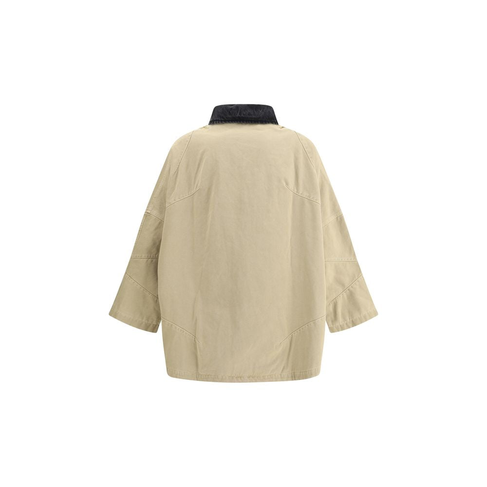 Back view of PDF Channel Beige Cotton Clothing featuring oversized jacket with contrasting denim collar and asymmetrical hem.