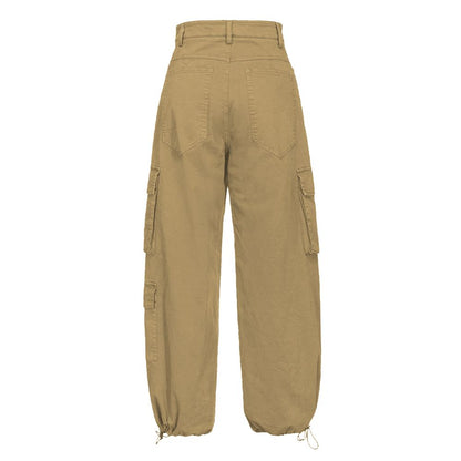 Back view of PINKO Beige Cotton Women Cargo Pant, featuring gabardine fabric and seven-pocket design for comfort and style.