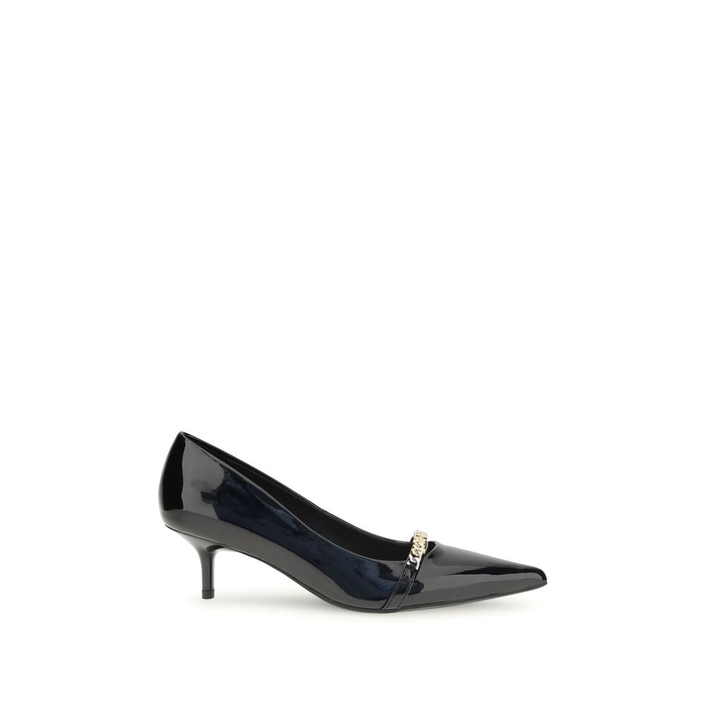 PINKO Black Calf Leather Bos Taurus Mid Heel Pumps with pointed toe and decorative chain