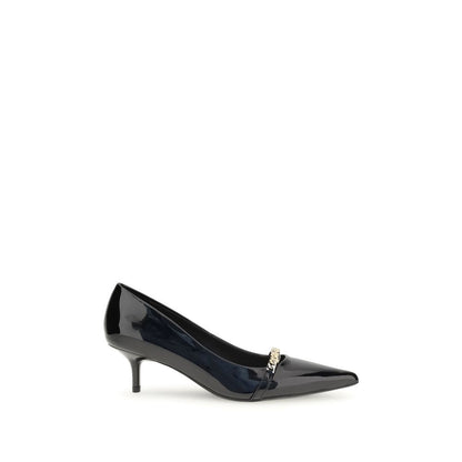 PINKO Black Calf Leather Bos Taurus Mid Heel Pumps with pointed toe and decorative chain