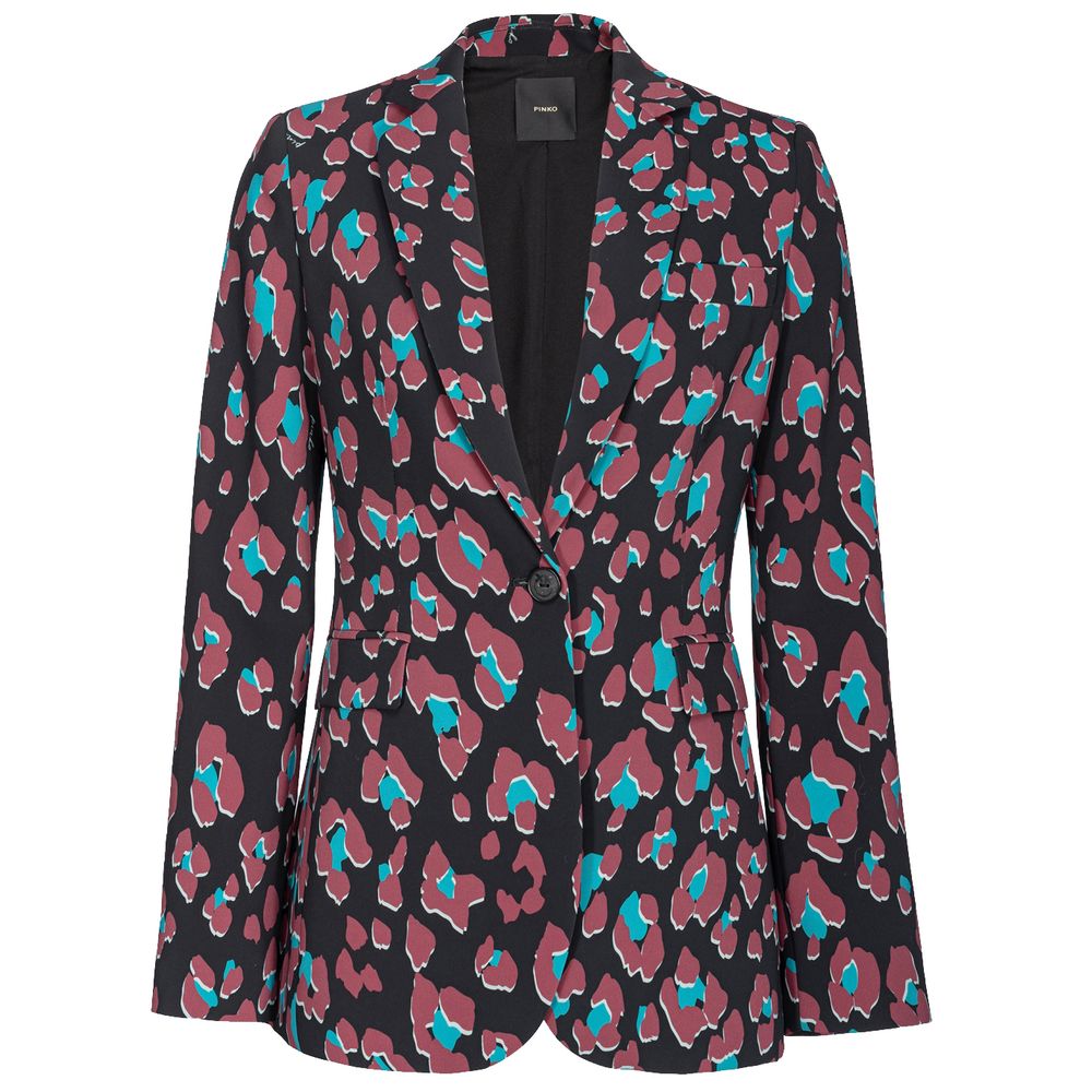PINKO Black Polyester Suits & Blazer with classic lapel collar, colorful pattern, long sleeves, and single-button closure.
