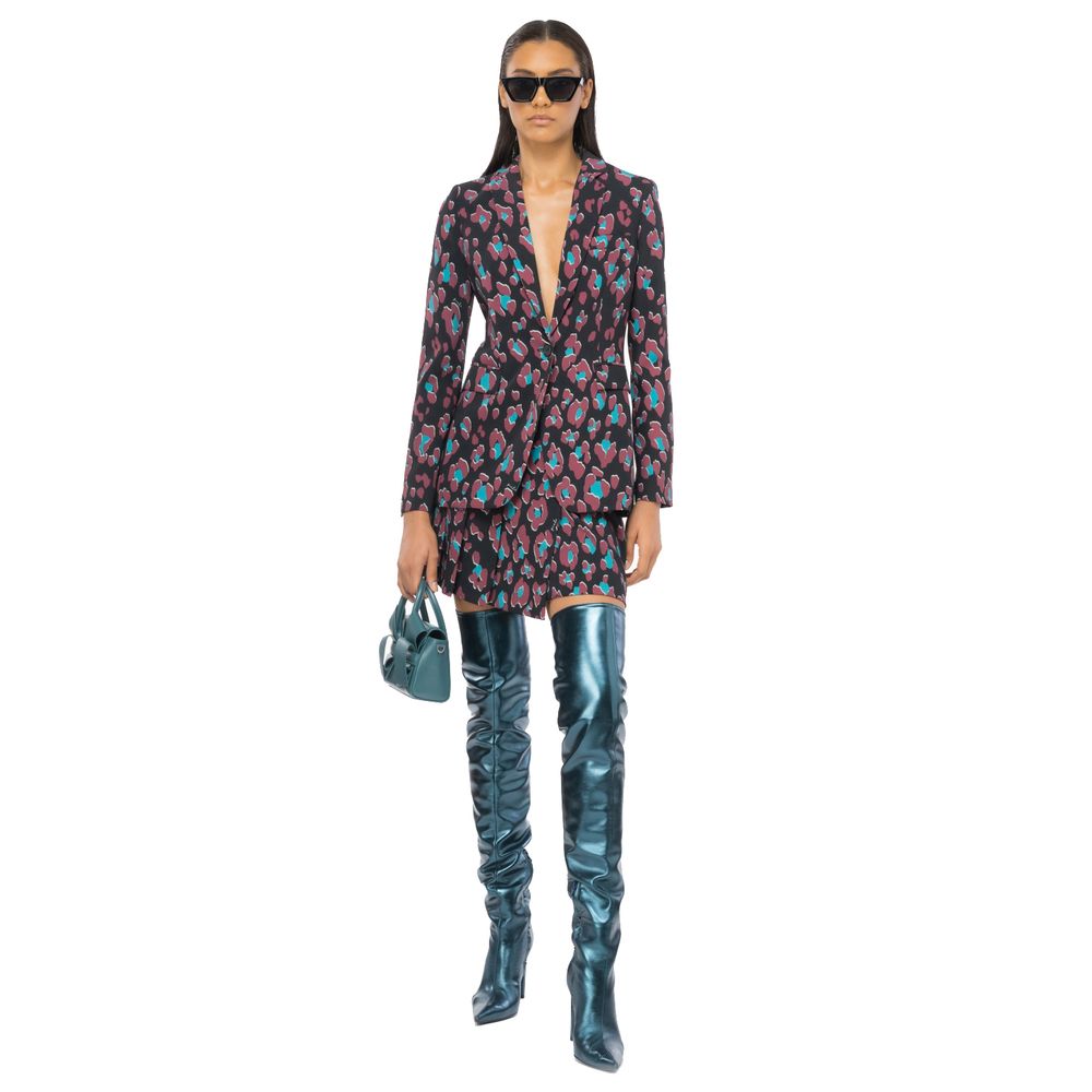 Model wearing floral blazer dress with blue thigh-high boots and sunglasses.