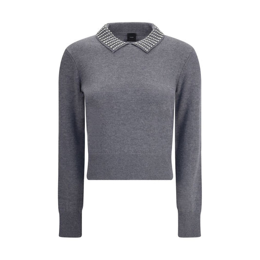 PINKO Gray Nylon Sweatshirt with rhinestone collar, ribbed hem and cuffs, simple yet elegant design for AW25 season.